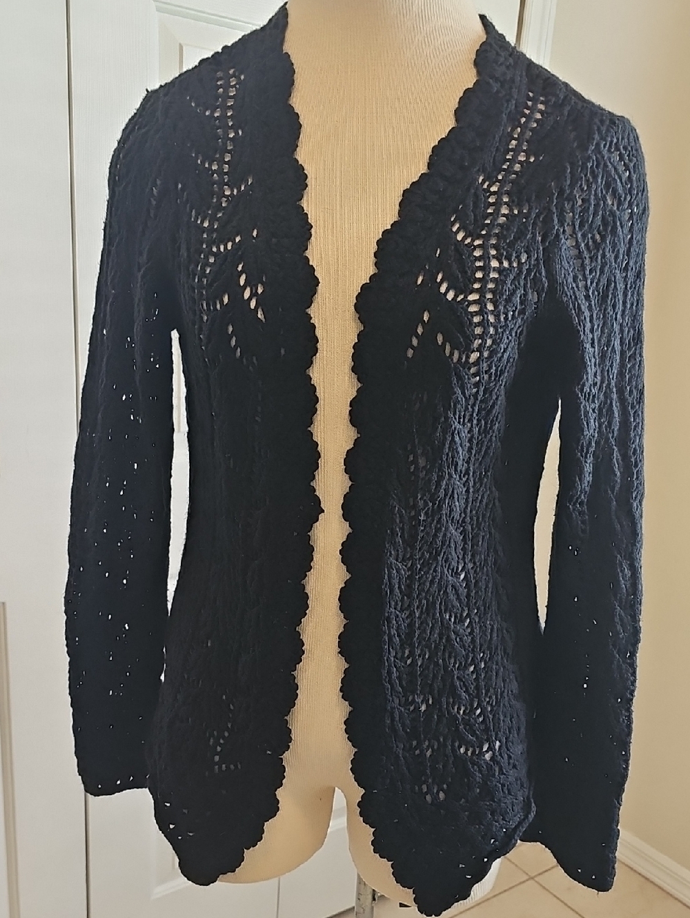 Women’s Navy Crochet Open-Front Sweater Cardigan By TAPEMEASURE. Size XL. Silk